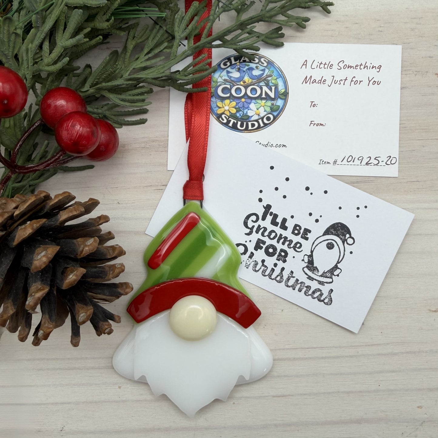 Fused Glass Christmas Gnome Ornament – “I’ll Be Gnome For Christmas” Tree-Shaped Holiday Decor