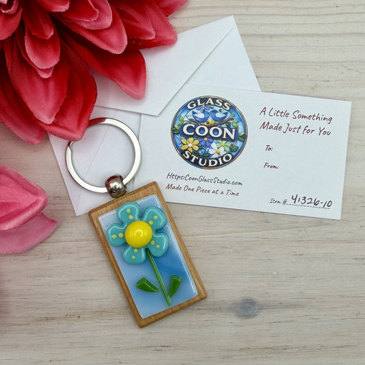 Fused Glass Flower Keychain – Blue Flower with Yellow Center – Beechwood Keychain – Handmade Floral Keychain