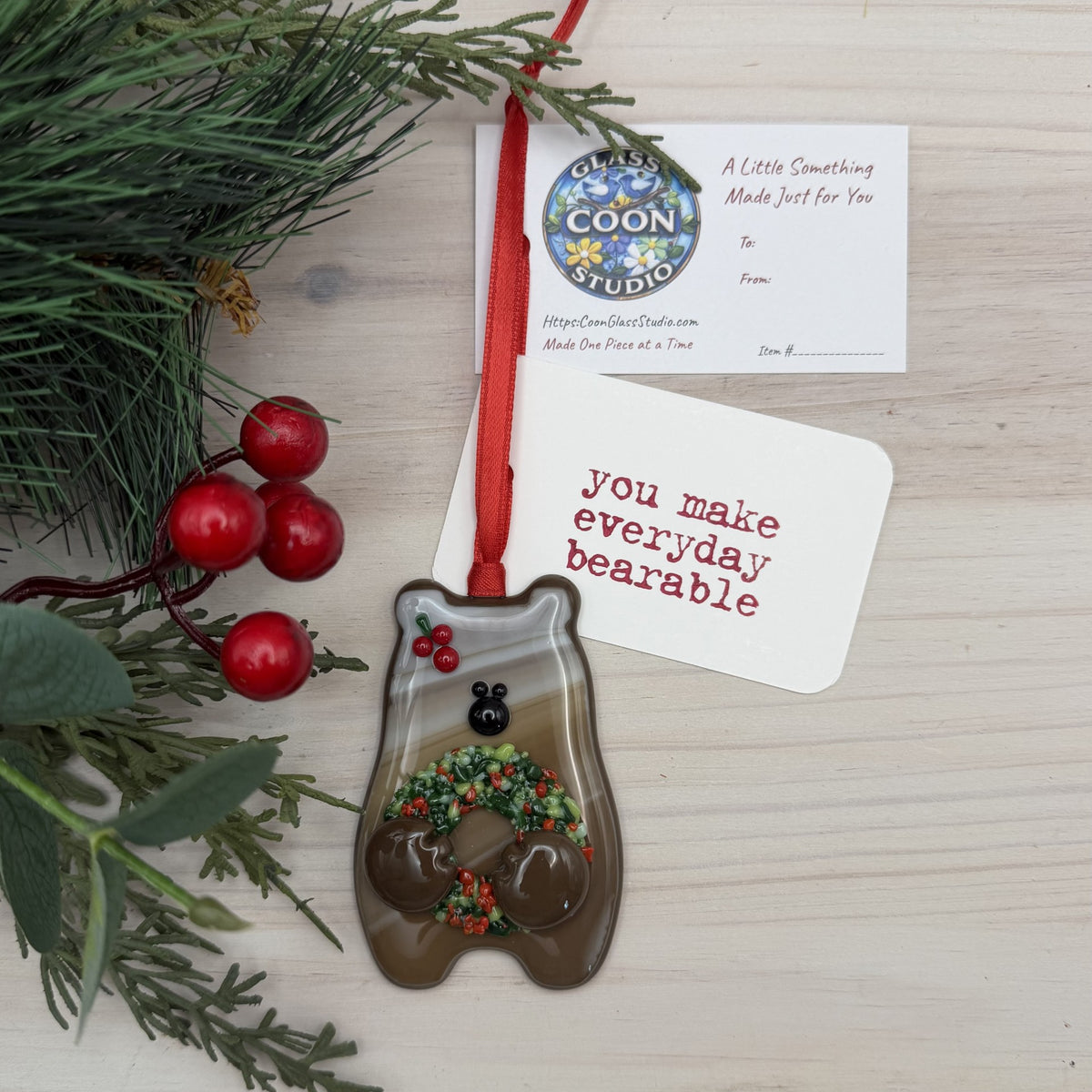 Fused Glass Brown Bear Ornament Holding a Christmas Wreath – Handmade Holiday Decoration