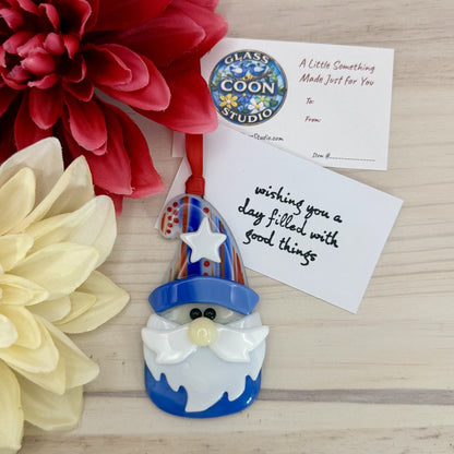 Patriotic Fused Glass Gnome Ornament – Red, White & Blue with Star Hat