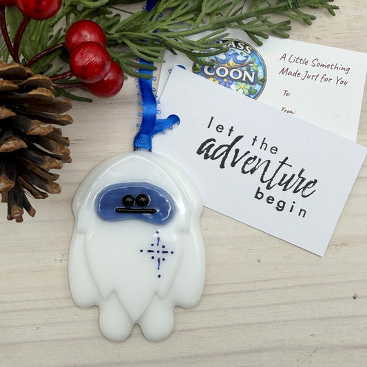 Fused Glass Yeti Ornament – “Let The Adventure Begin” – Handmade Holiday Ornament – Ready to Ship